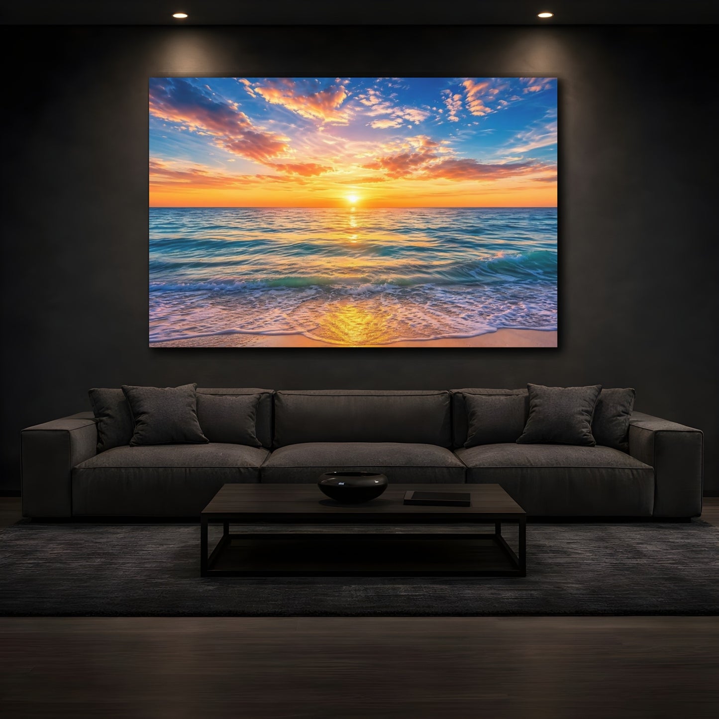 Mockup 4. Nature Ocean Sunset Orange Blue Sunset shown as stretched canvas wall art