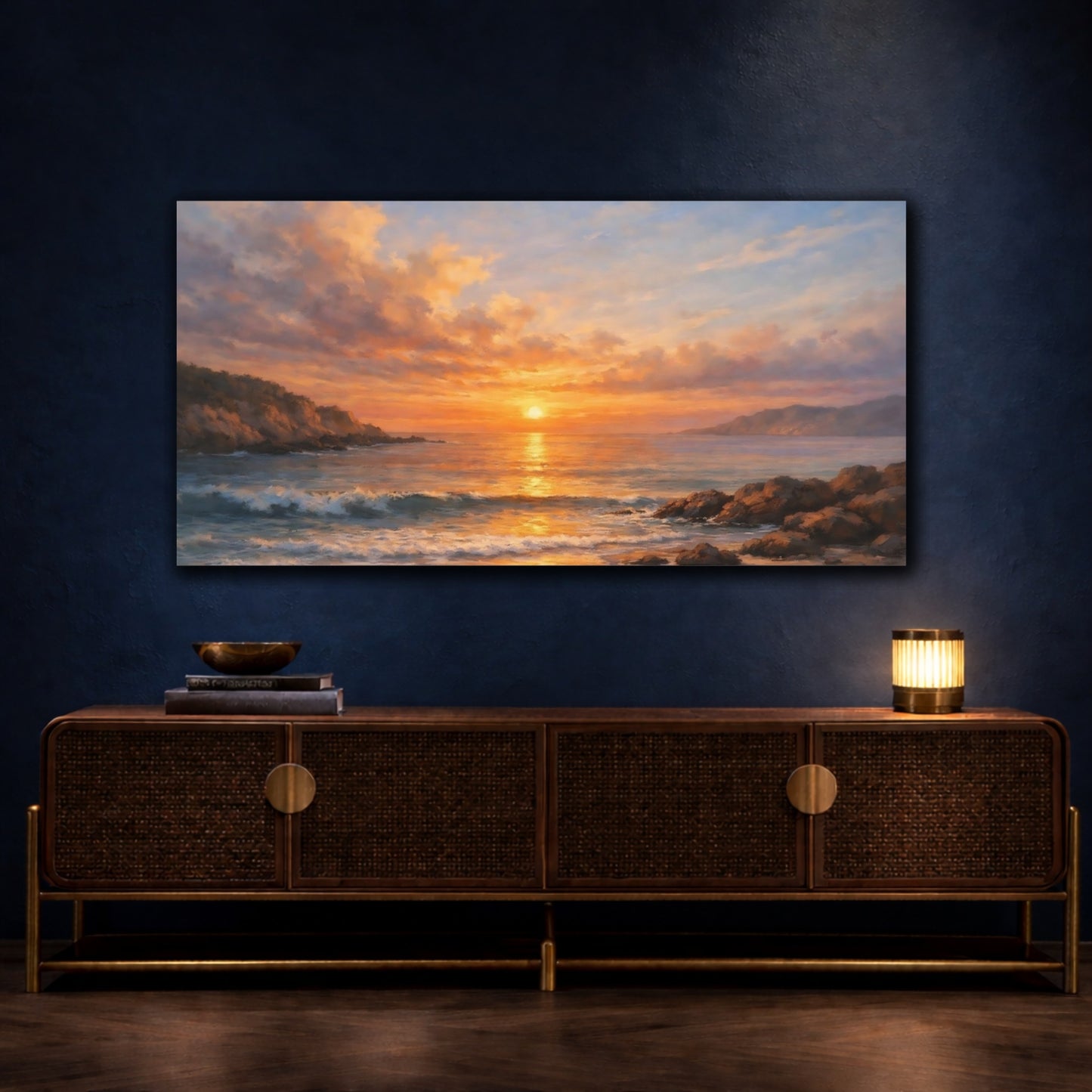 Mockup 4. Nature Ocean Sunset Orange Blue Sunset shown as stretched canvas wall art