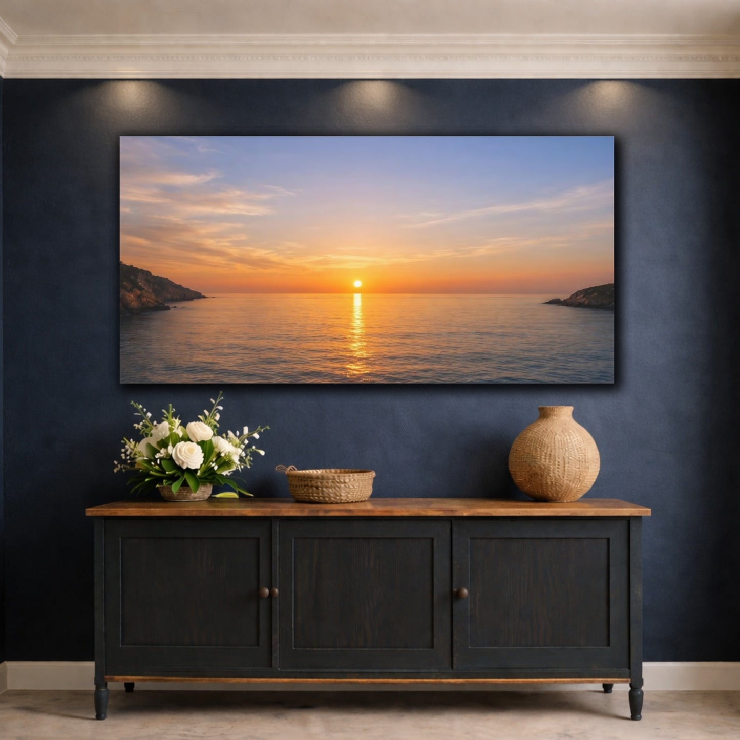 Mockup 4. Nature Ocean Sunset Orange Blue Sunset shown as stretched canvas wall art
