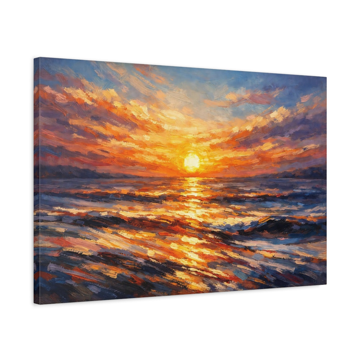 Side Mockup 2. Nature Ocean Sunset Orange Sunset Ocean shown as stretched canvas wall art