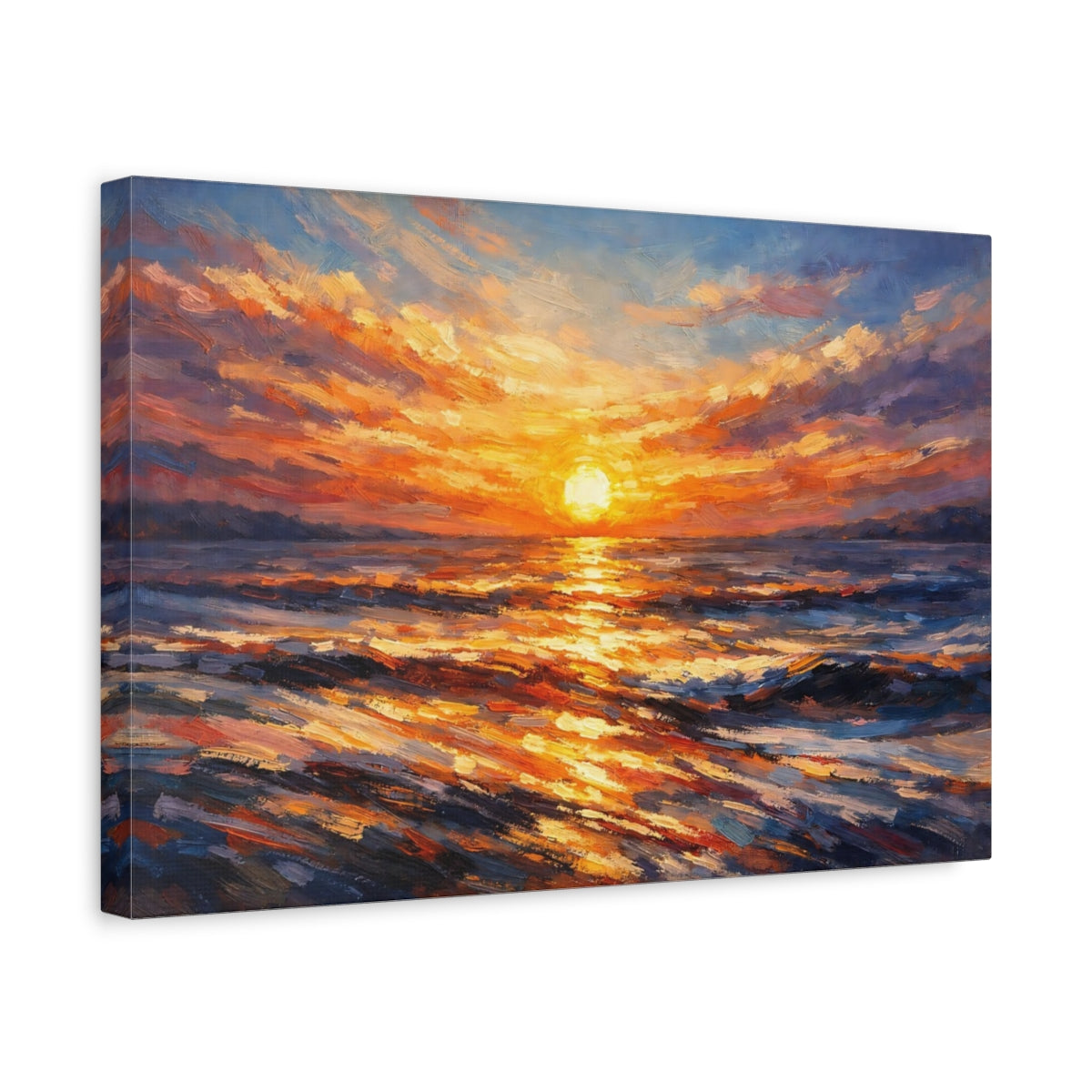Side Mockup 4. Nature Ocean Sunset Orange Sunset Ocean shown as stretched canvas wall art