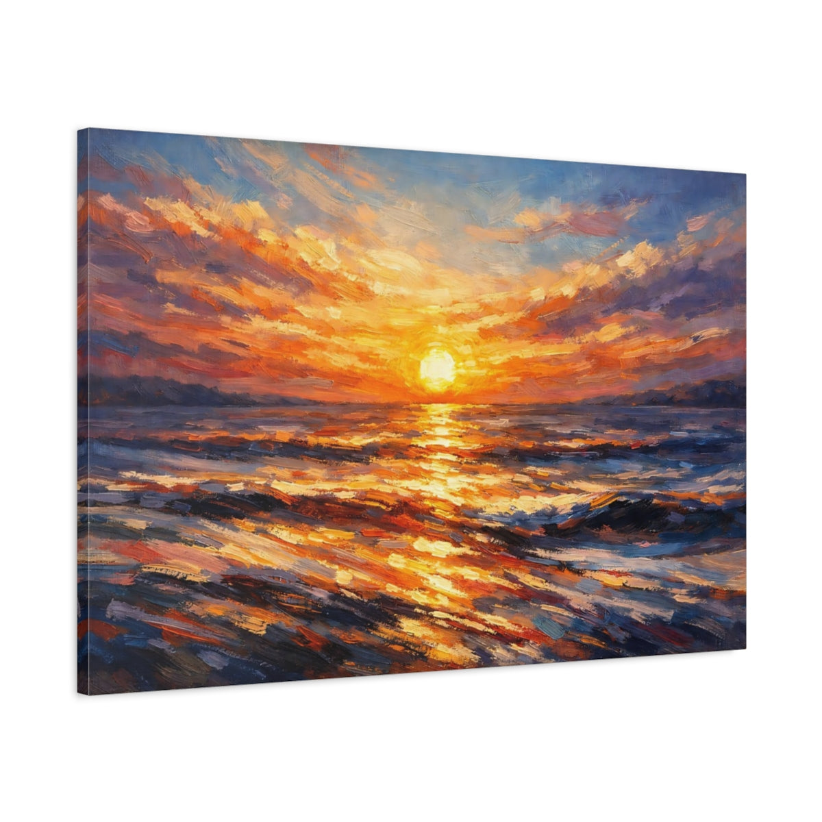 Side Mockup 1. Nature Ocean Sunset Orange Sunset Ocean shown as stretched canvas wall art