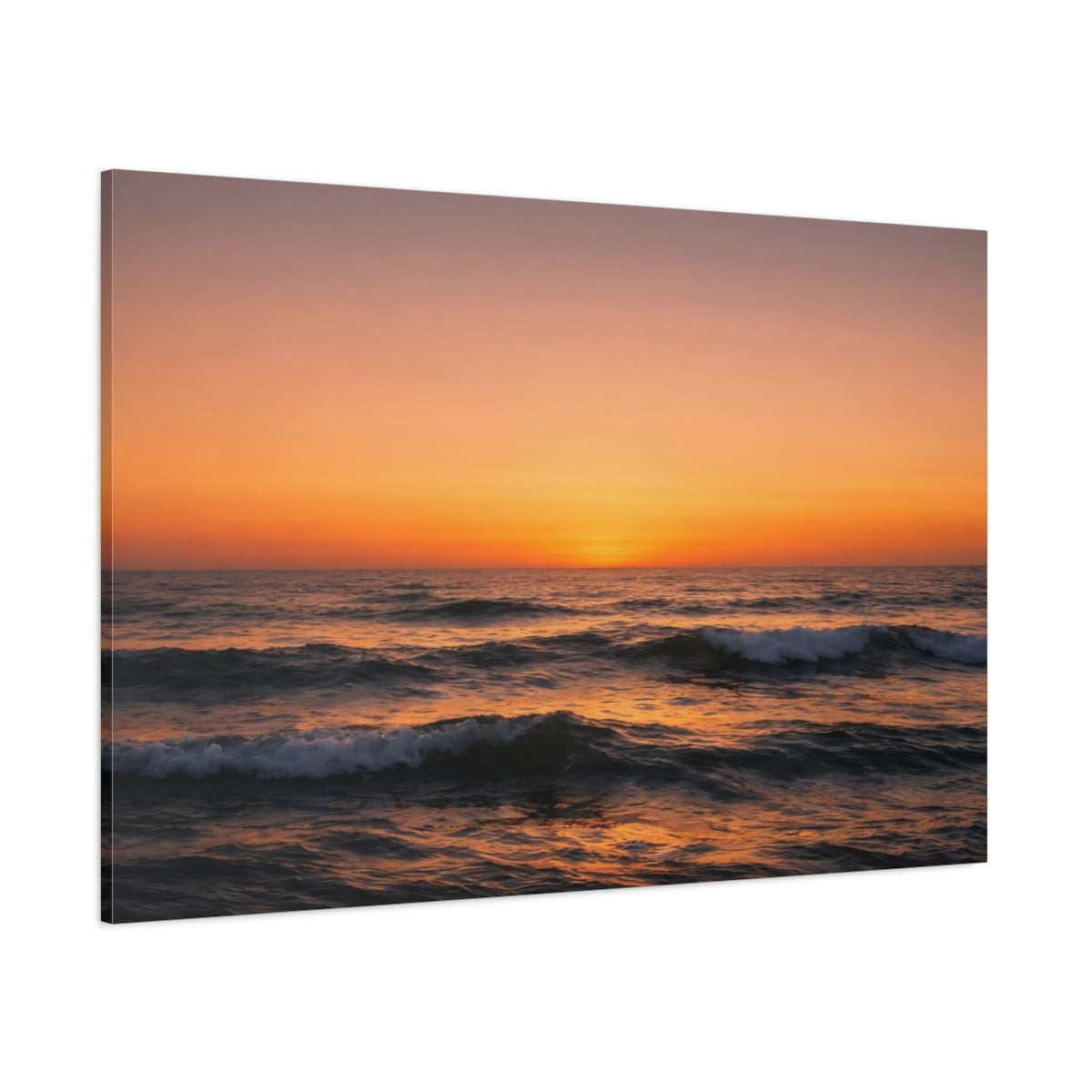 Side Mockup 1. Nature Ocean Sunset Orange Sunset shown as stretched canvas wall art