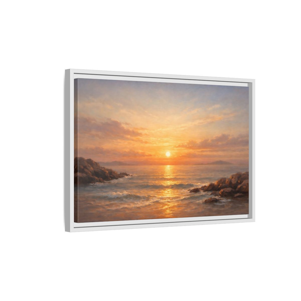 Side Mockup 1. Nature Ocean Sunset Orange Sunset shown as stretched canvas wall art