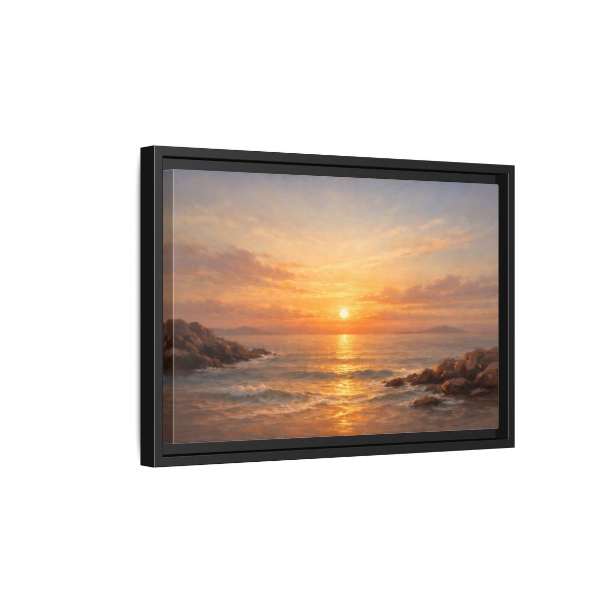 Side Mockup 6. Nature Ocean Sunset Orange Sunset shown as stretched canvas wall art