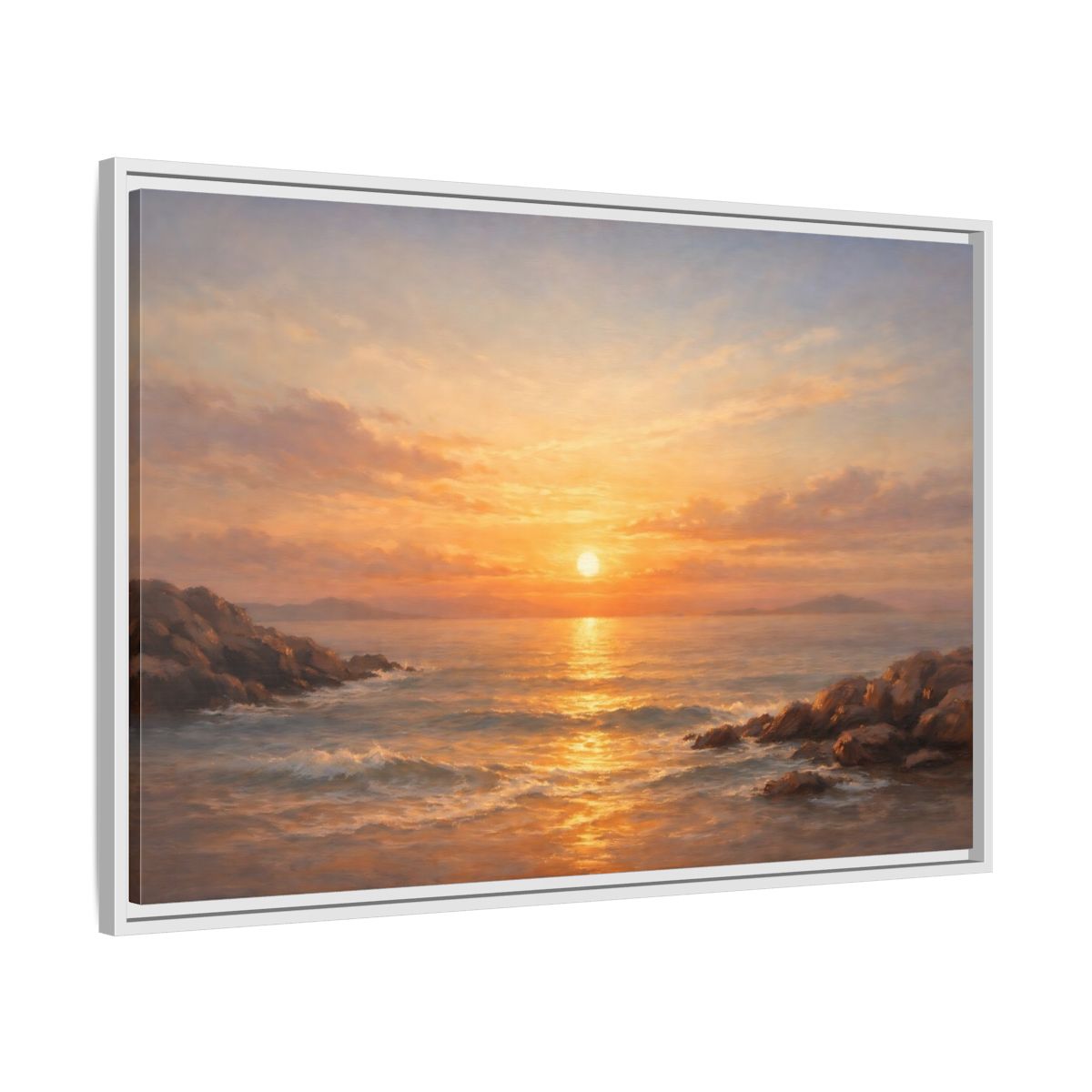 Side Mockup 8. Nature Ocean Sunset Orange Sunset shown as stretched canvas wall art