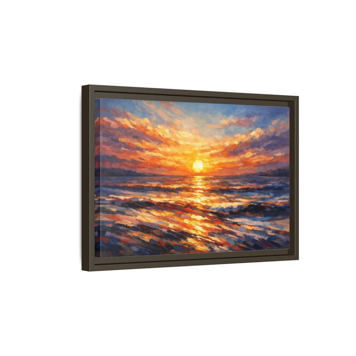 Side Mockup 5. Nature Ocean Sunset Orange Sunset shown as stretched canvas wall art