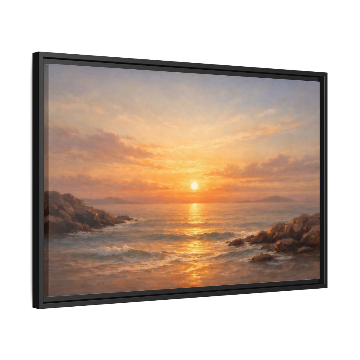 Side Mockup 14. Nature Ocean Sunset Orange Sunset shown as stretched canvas wall art