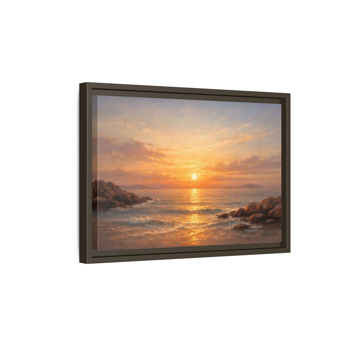 Side Mockup 5. Nature Ocean Sunset Orange Sunset shown as stretched canvas wall art