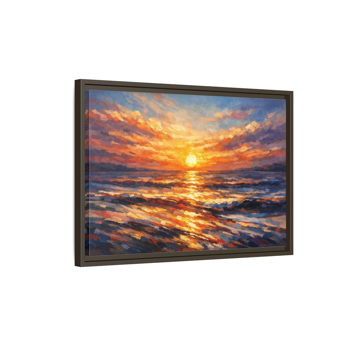 Side Mockup 2. Nature Ocean Sunset Orange Sunset shown as stretched canvas wall art