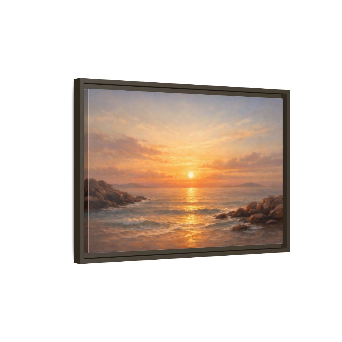 Side Mockup 2. Nature Ocean Sunset Orange Sunset shown as stretched canvas wall art
