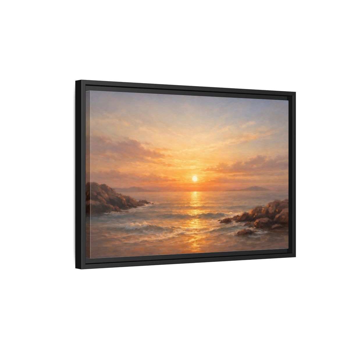 Side Mockup 3. Nature Ocean Sunset Orange Sunset shown as stretched canvas wall art