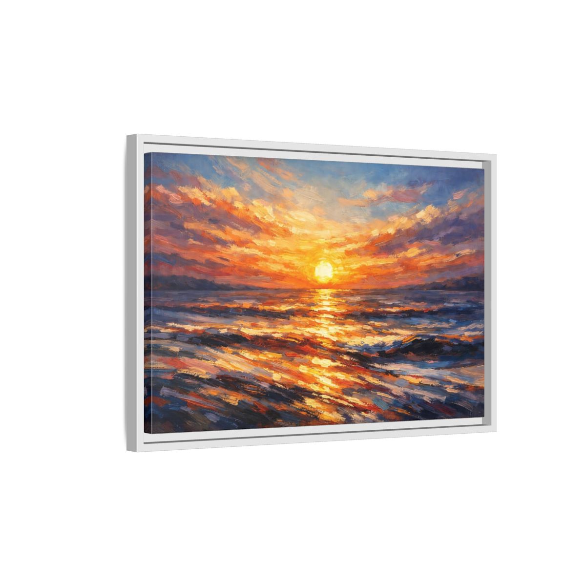 Side Mockup 1. Nature Ocean Sunset Orange Sunset shown as stretched canvas wall art