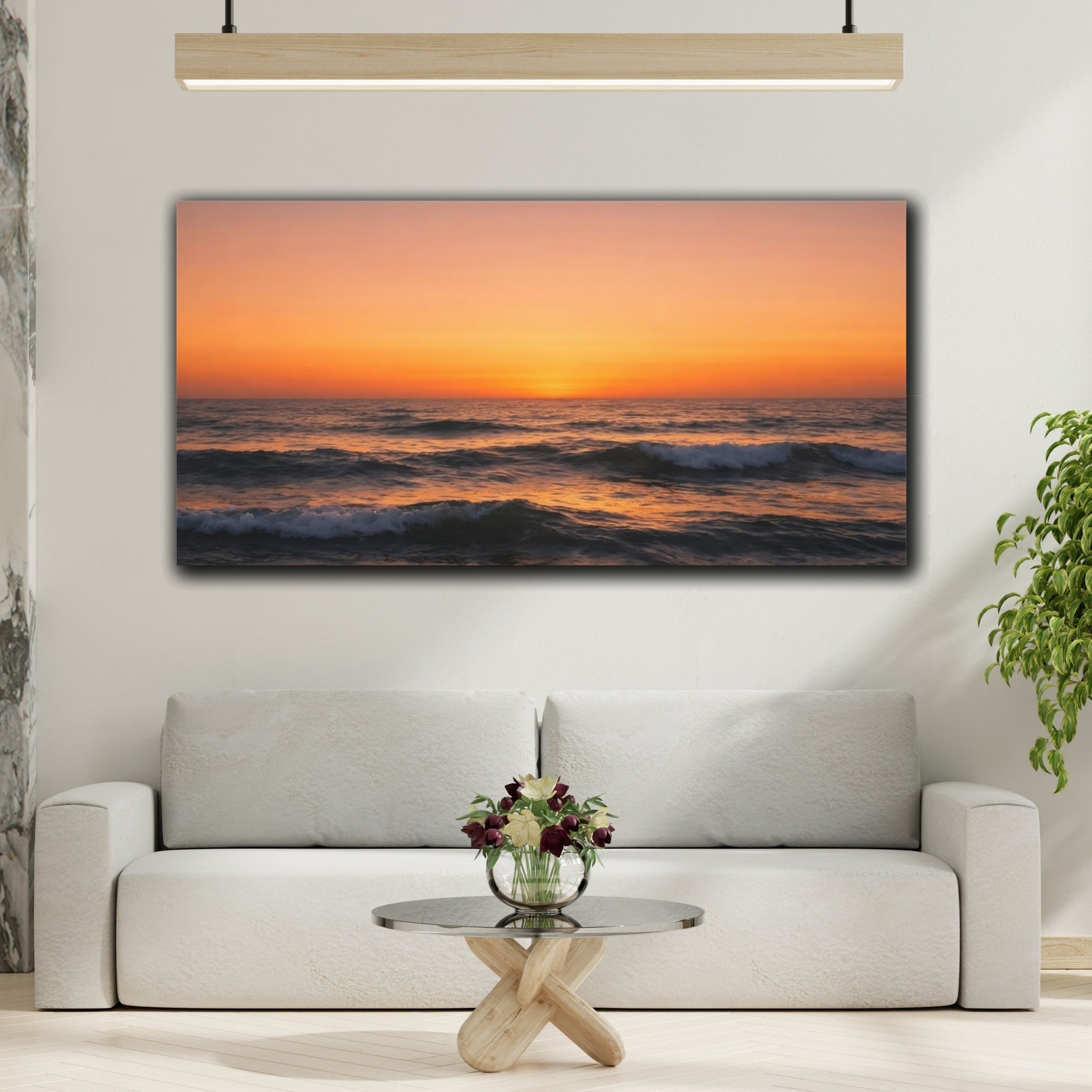 Mockup 3. Nature Ocean Sunset Orange Ocean Sunset shown as stretched canvas wall art