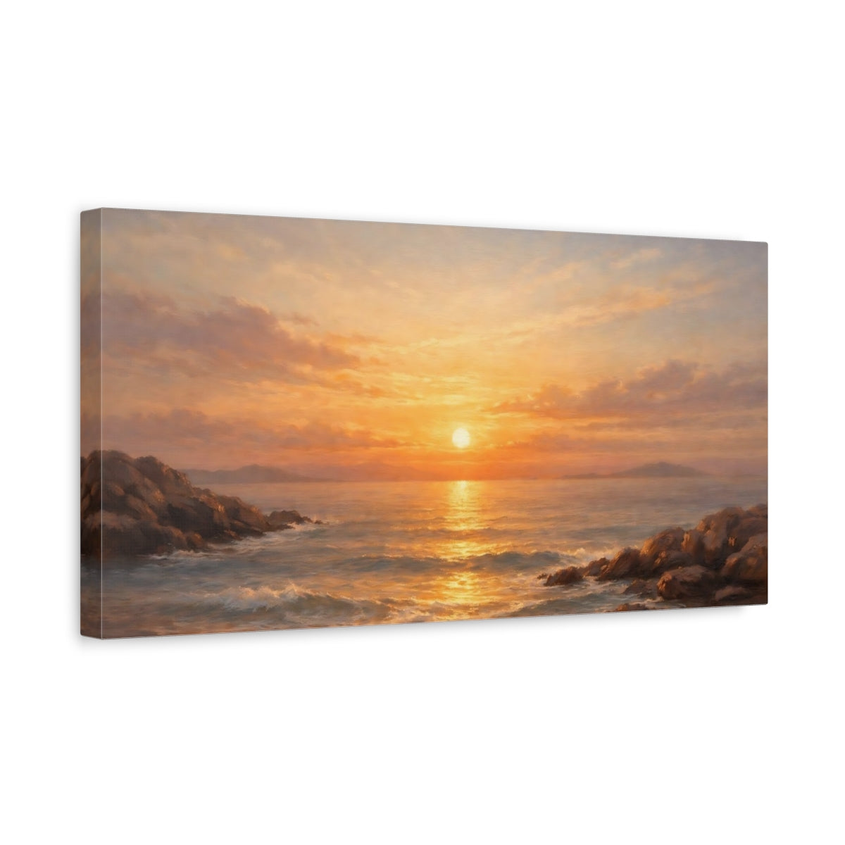 Side Mockup 3. Nature Ocean Sunset Orange Sunset Seascape shown as stretched canvas wall art