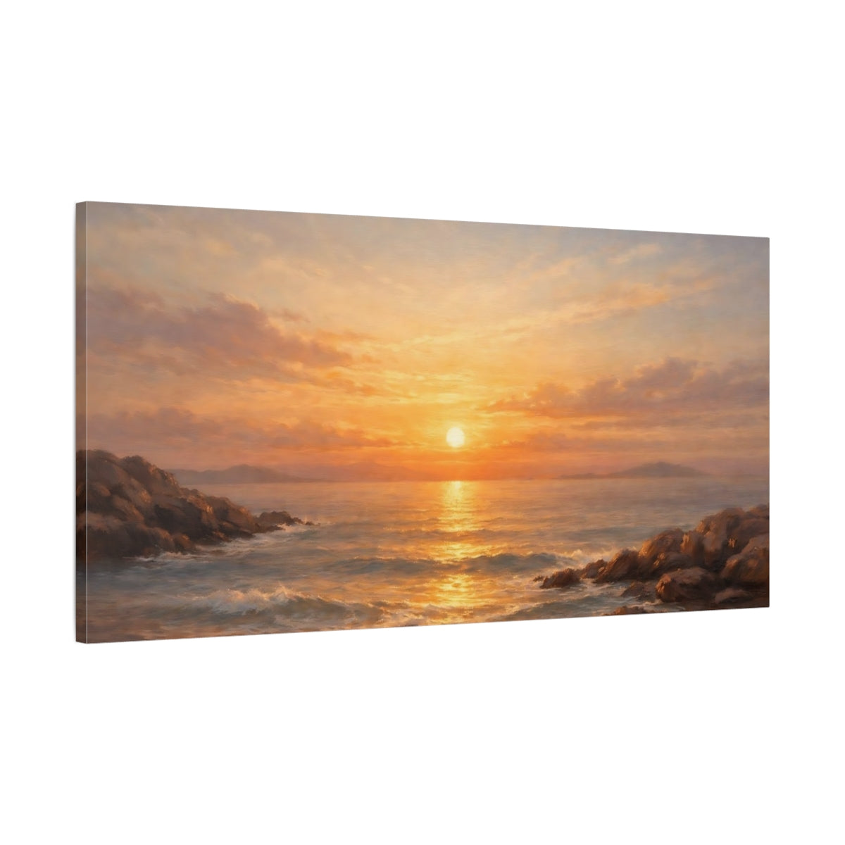 Side Mockup 1. Nature Ocean Sunset Orange Sunset Seascape shown as stretched canvas wall art