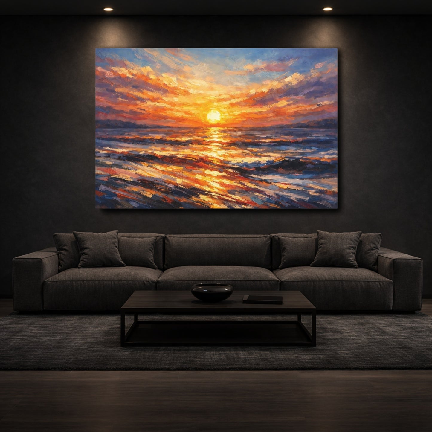 Mockup 2. Nature Ocean Sunset Orange Sunset Ocean shown as stretched canvas wall art