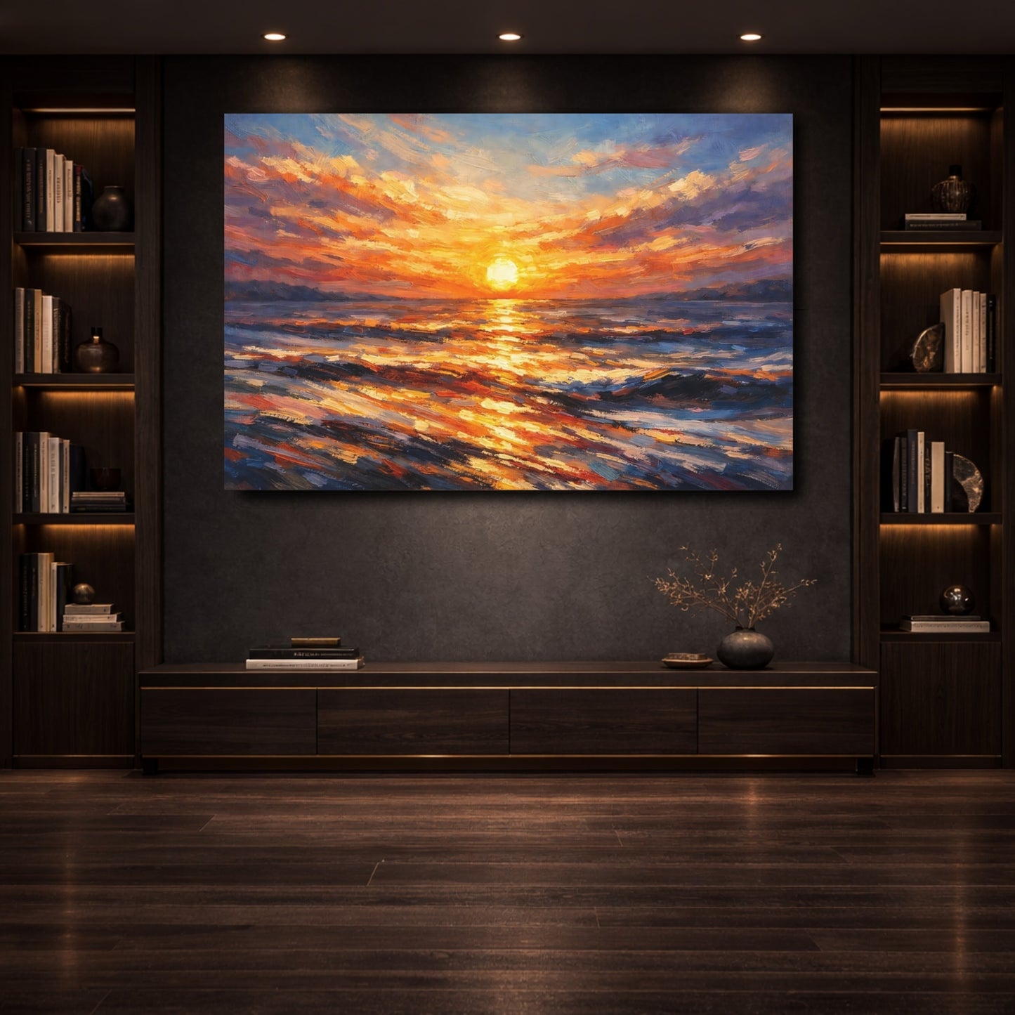 Mockup 3. Nature Ocean Sunset Orange Sunset Ocean shown as stretched canvas wall art