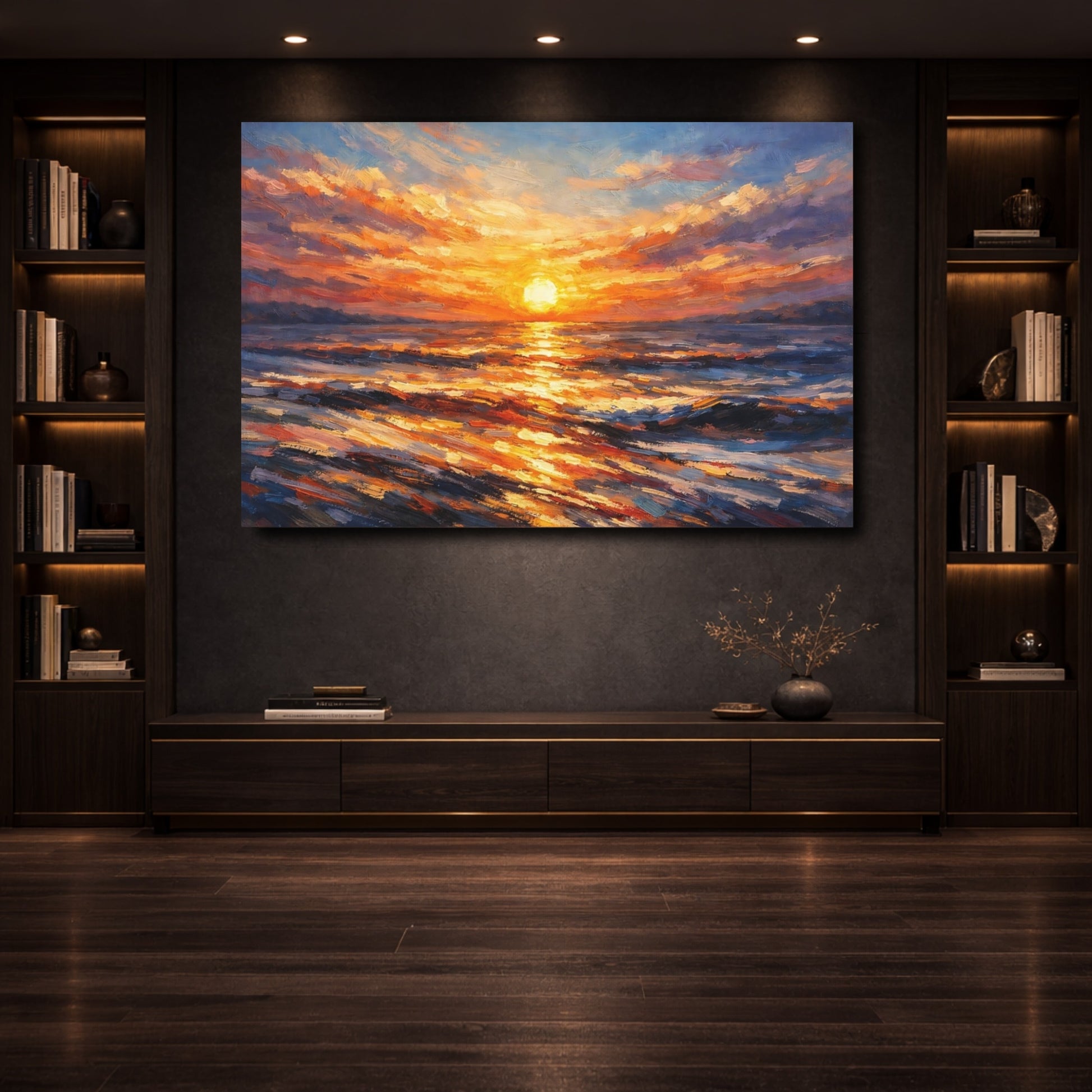 Mockup 3. Nature Ocean Sunset Orange Sunset Ocean shown as stretched canvas wall art