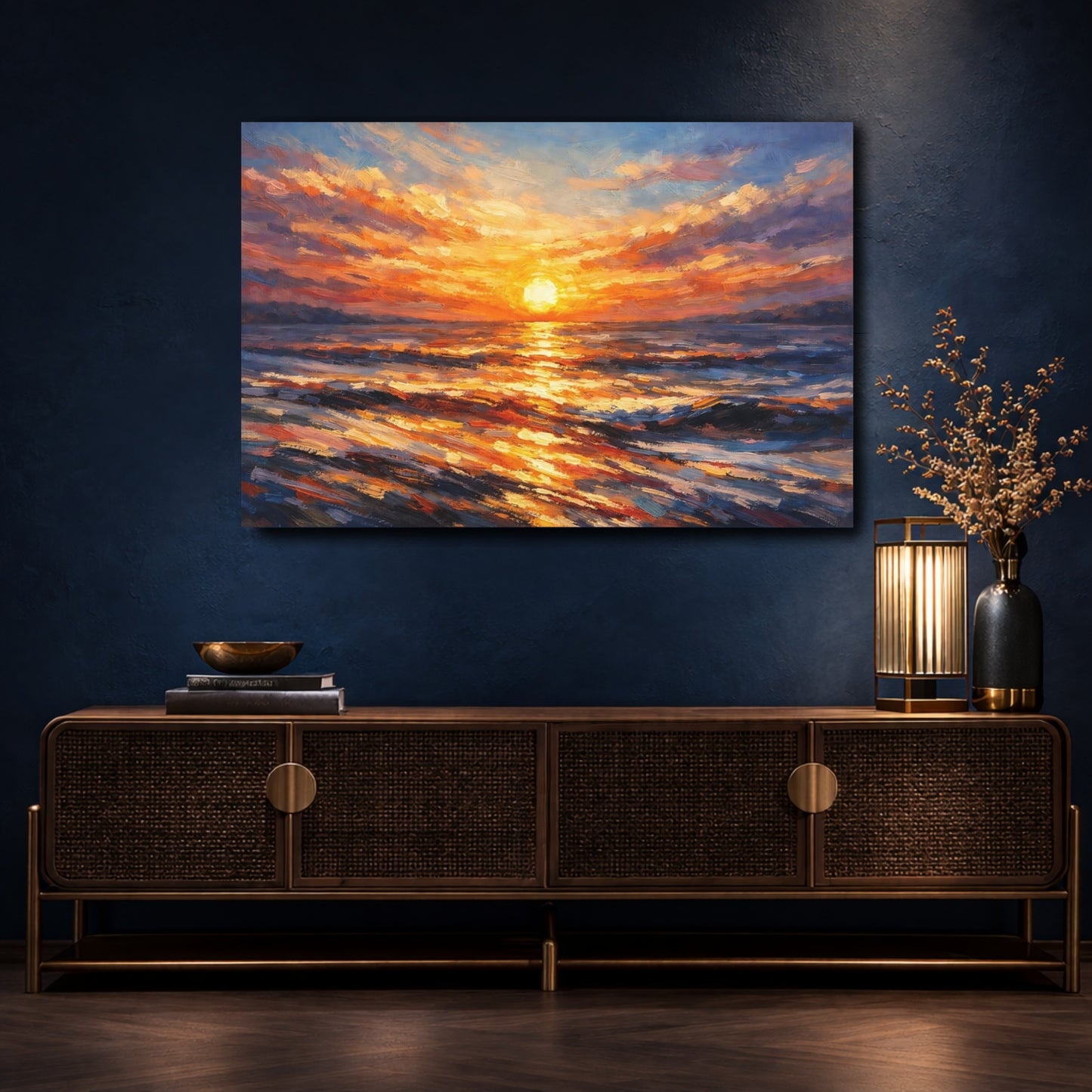 Mockup 4. Nature Ocean Sunset Orange Sunset Ocean shown as stretched canvas wall art