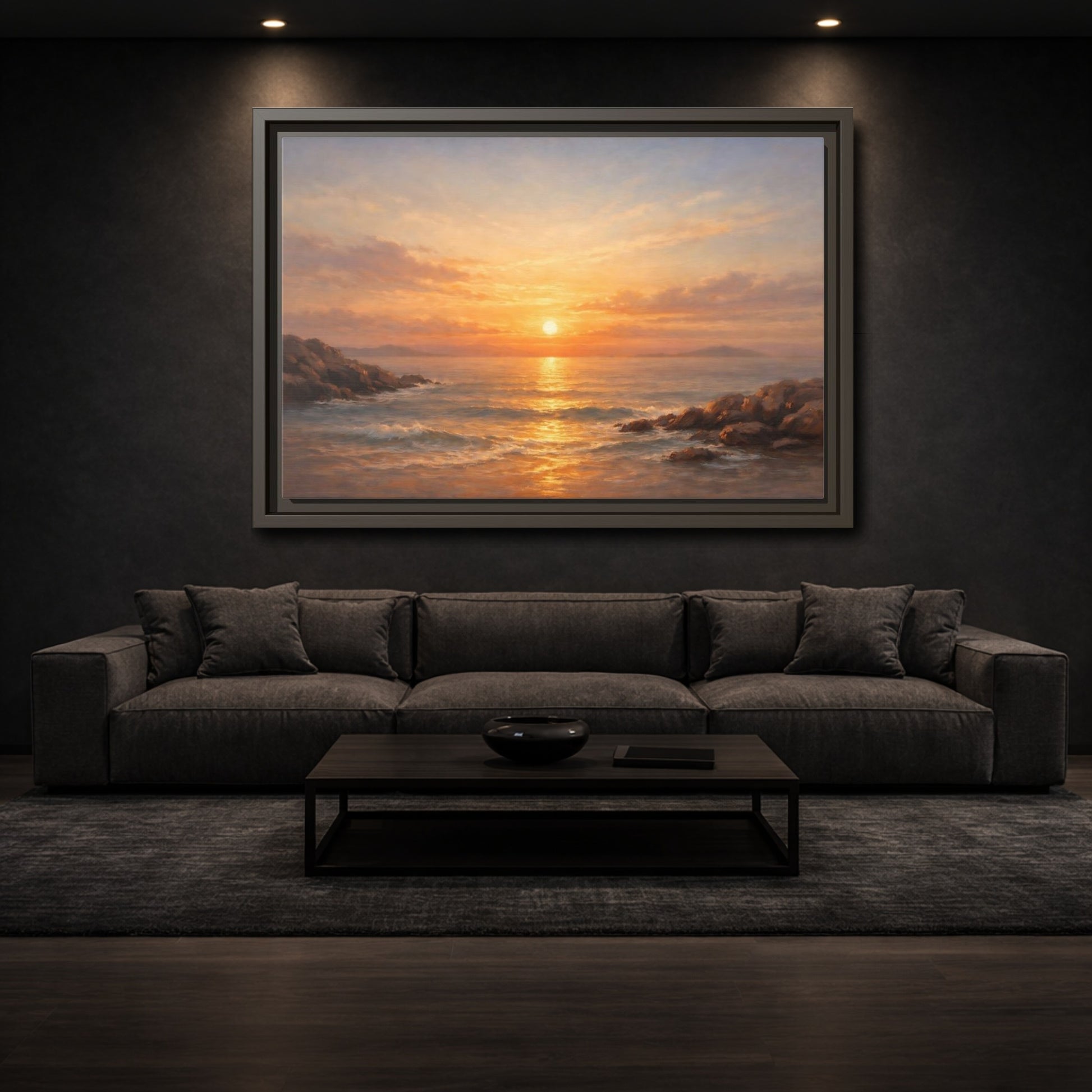 Mockup 2. Nature Ocean Sunset Orange Sunset shown as stretched canvas wall art