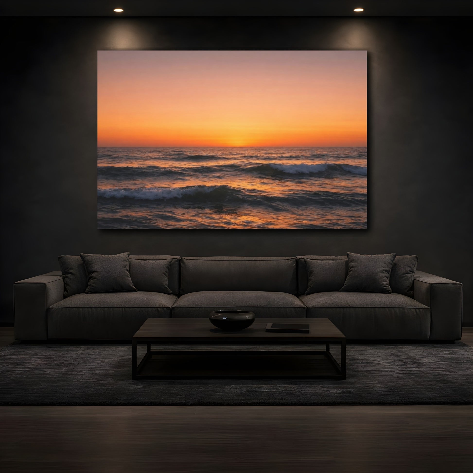 Mockup 2. Nature Ocean Sunset Orange Sunset shown as stretched canvas wall art