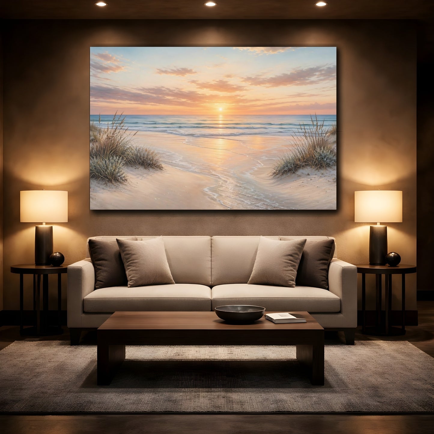 Mockup 2. Nature Ocean Sunset Orange Sunset shown as stretched canvas wall art