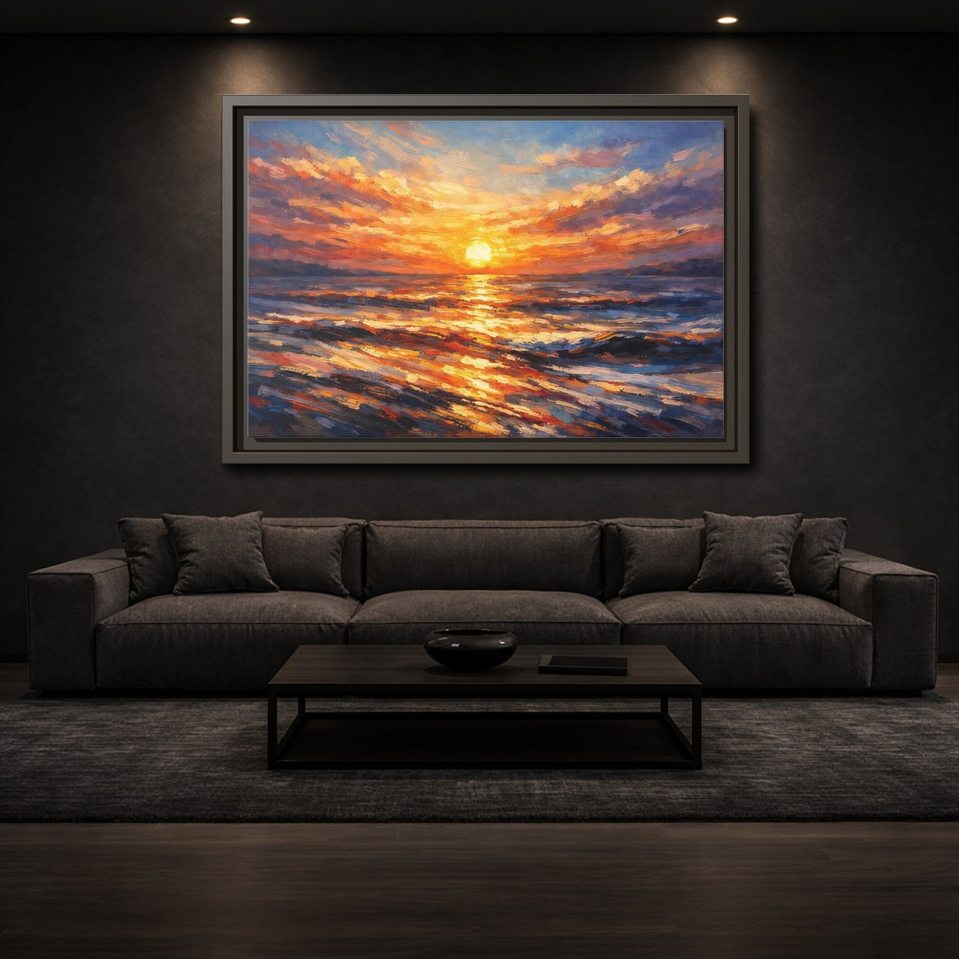 Mockup 2. Nature Ocean Sunset Orange Sunset shown as stretched canvas wall art