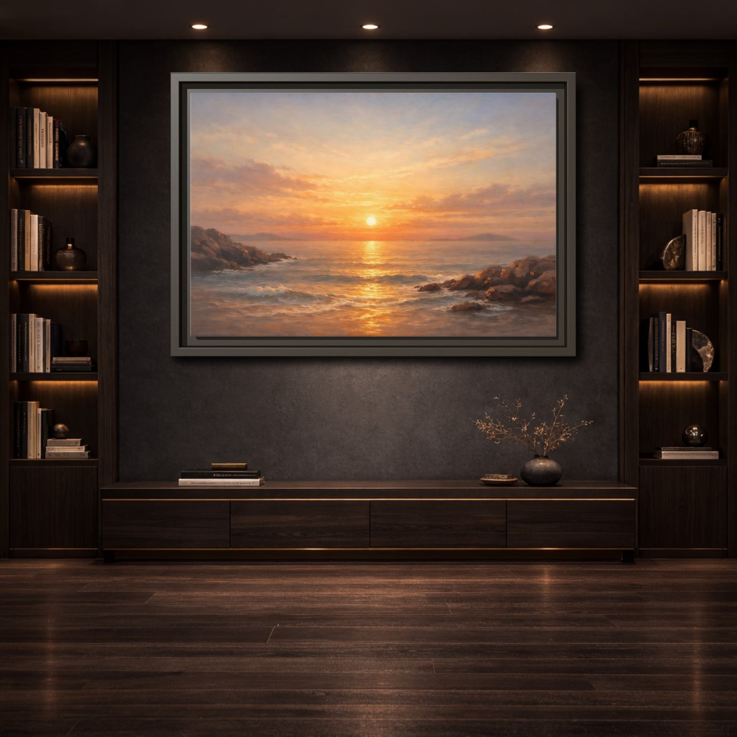 Mockup 3. Nature Ocean Sunset Orange Sunset shown as stretched canvas wall art