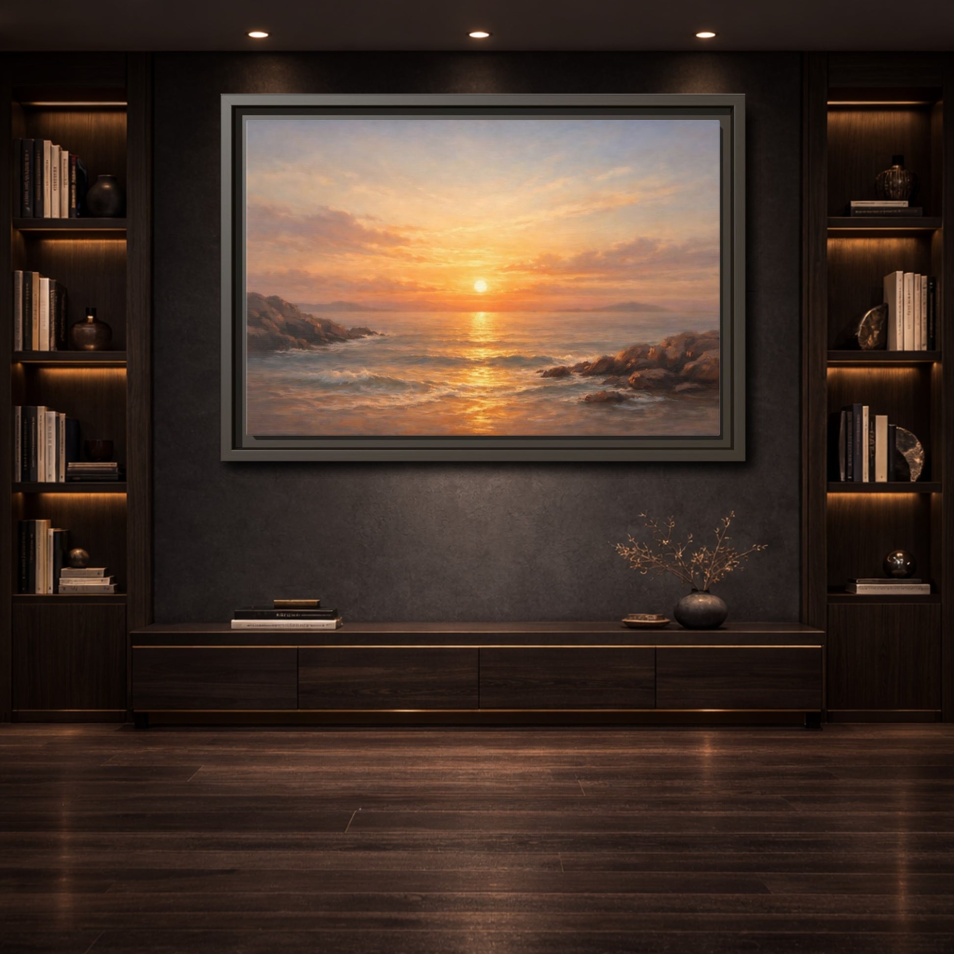 Mockup 3. Nature Ocean Sunset Orange Sunset shown as stretched canvas wall art