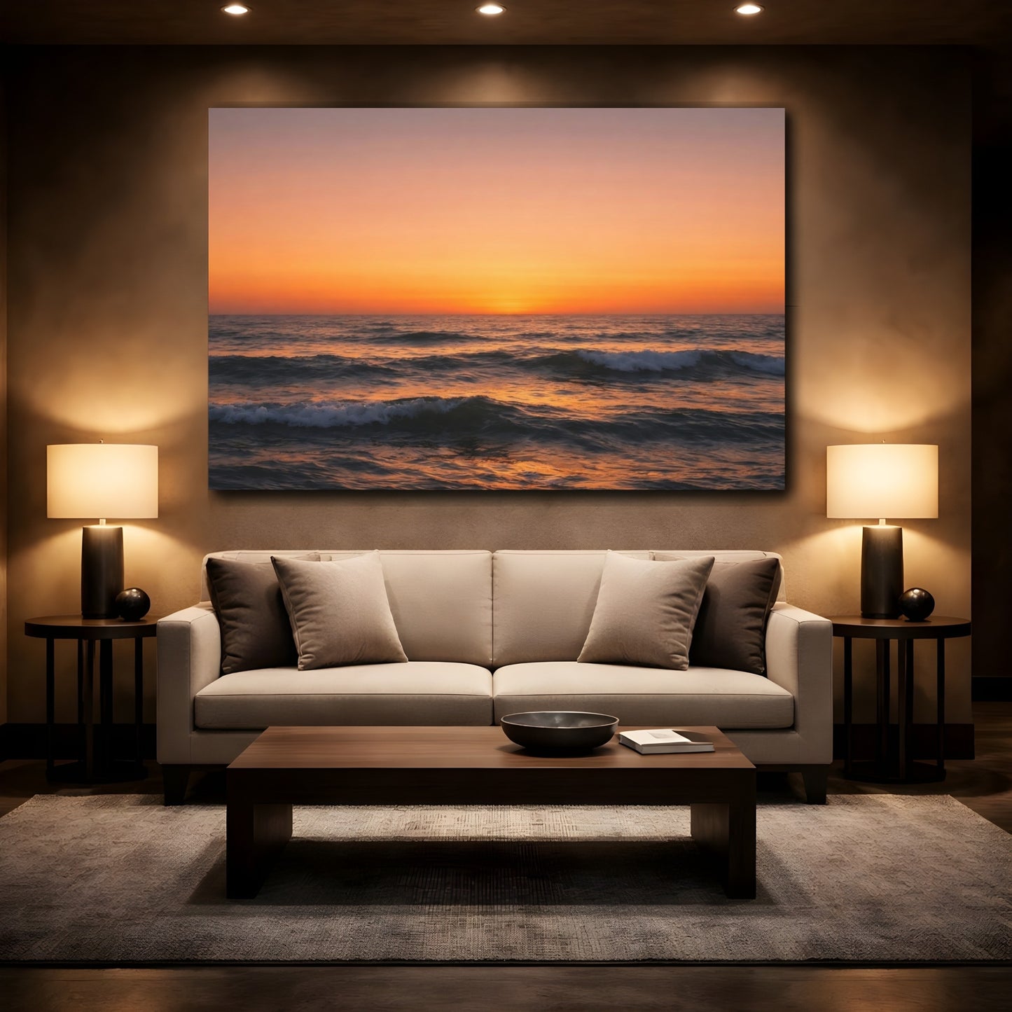 Mockup 3. Nature Ocean Sunset Orange Sunset shown as stretched canvas wall art