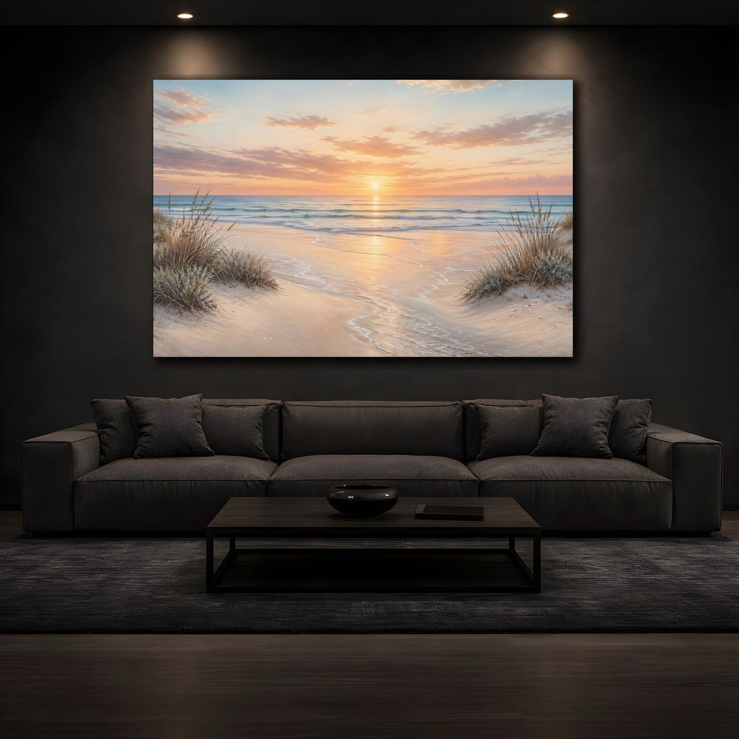 Mockup 3. Nature Ocean Sunset Orange Sunset shown as stretched canvas wall art
