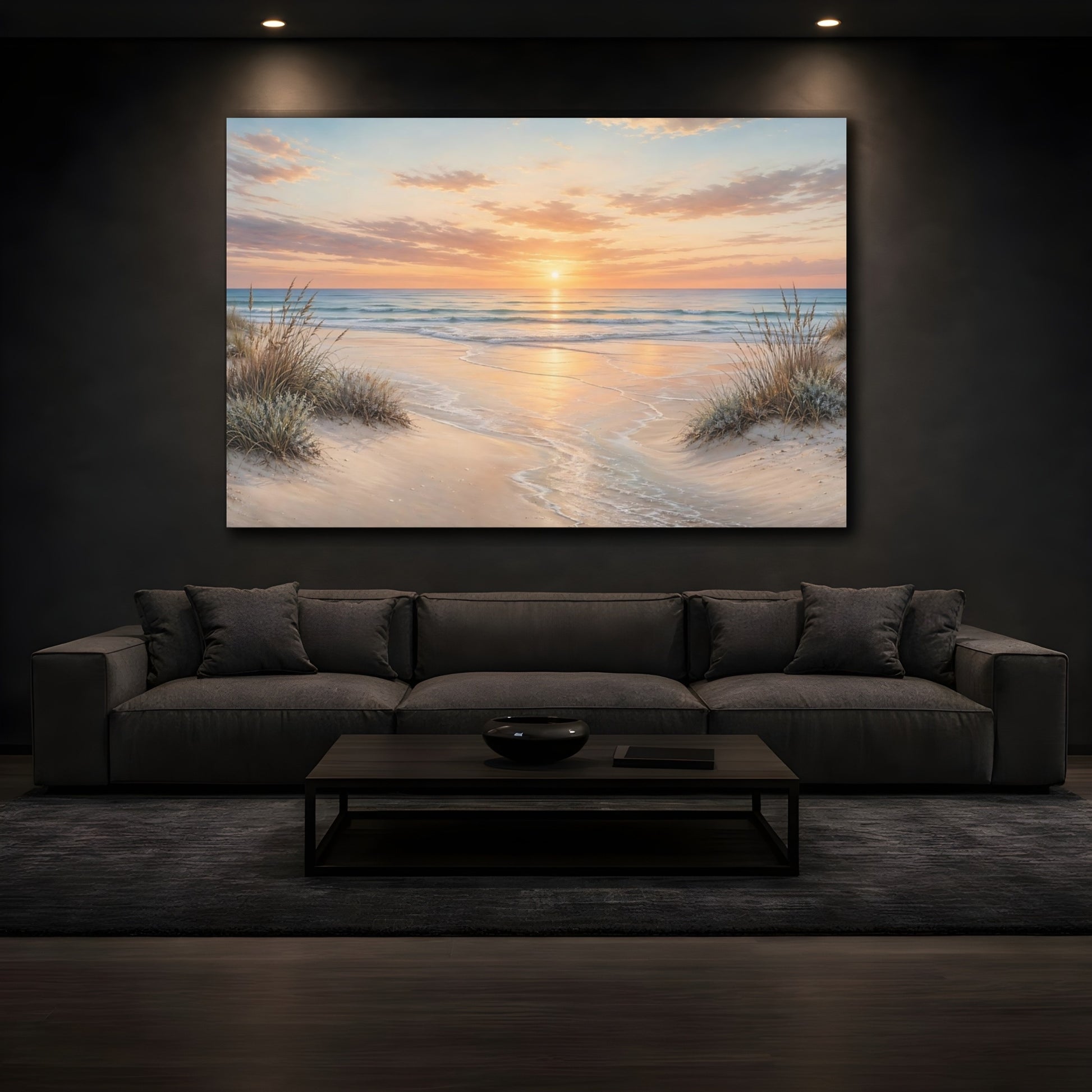 Mockup 3. Nature Ocean Sunset Orange Sunset shown as stretched canvas wall art