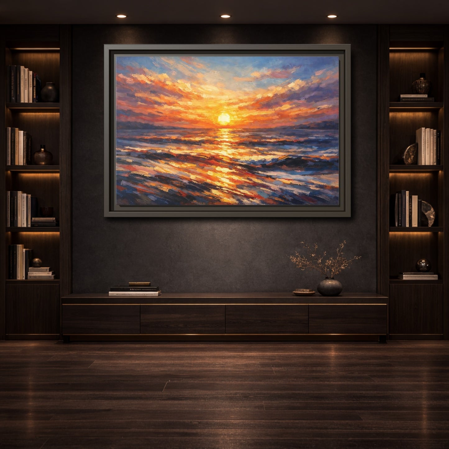 Mockup 3. Nature Ocean Sunset Orange Sunset shown as stretched canvas wall art