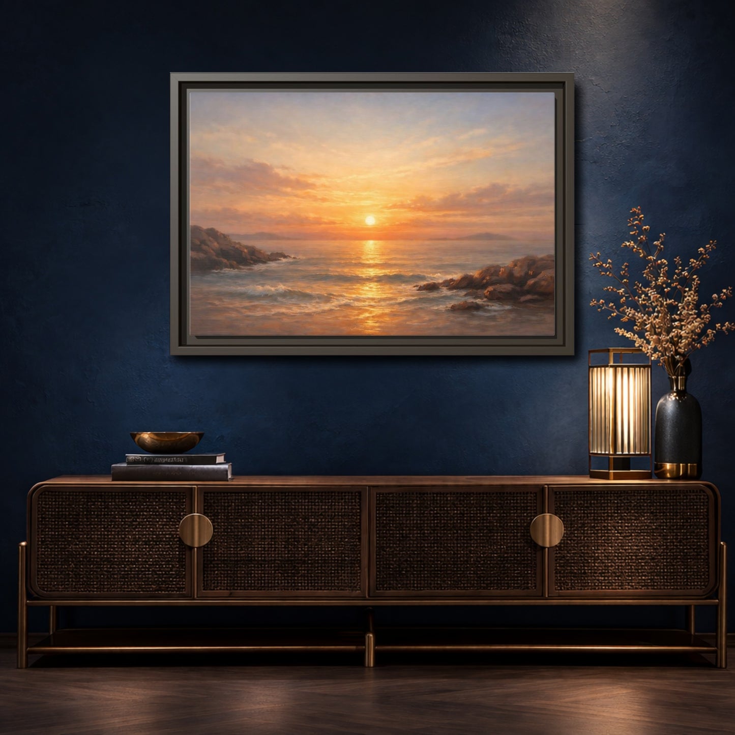 Mockup 4. Nature Ocean Sunset Orange Sunset shown as stretched canvas wall art