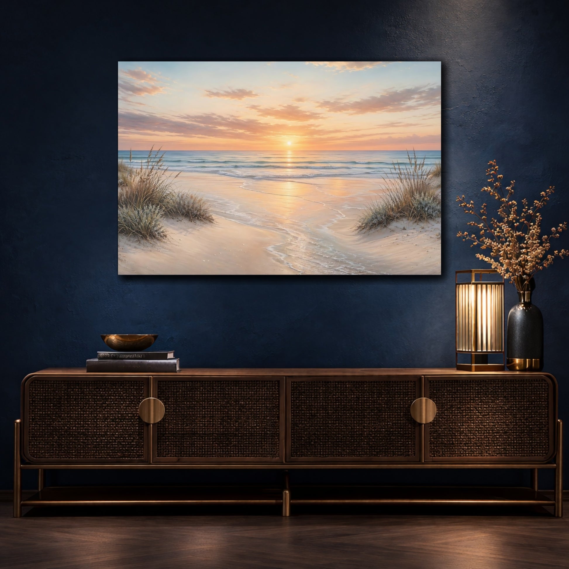 Mockup 4. Nature Ocean Sunset Orange Sunset shown as stretched canvas wall art