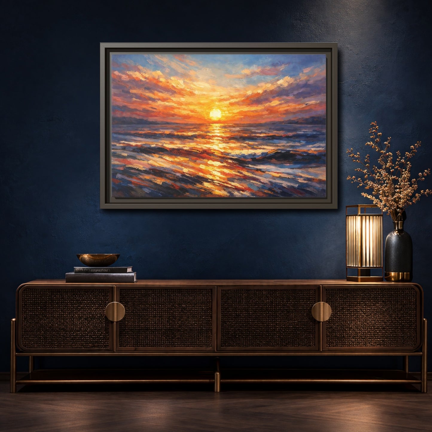 Mockup 4. Nature Ocean Sunset Orange Sunset shown as stretched canvas wall art