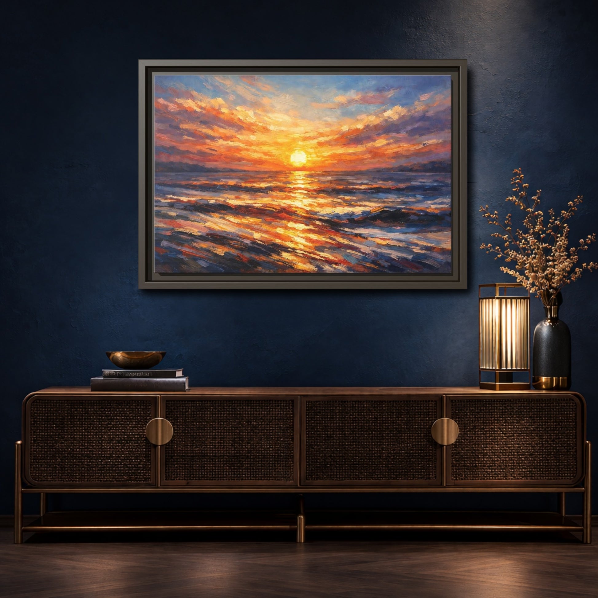 Mockup 4. Nature Ocean Sunset Orange Sunset shown as stretched canvas wall art
