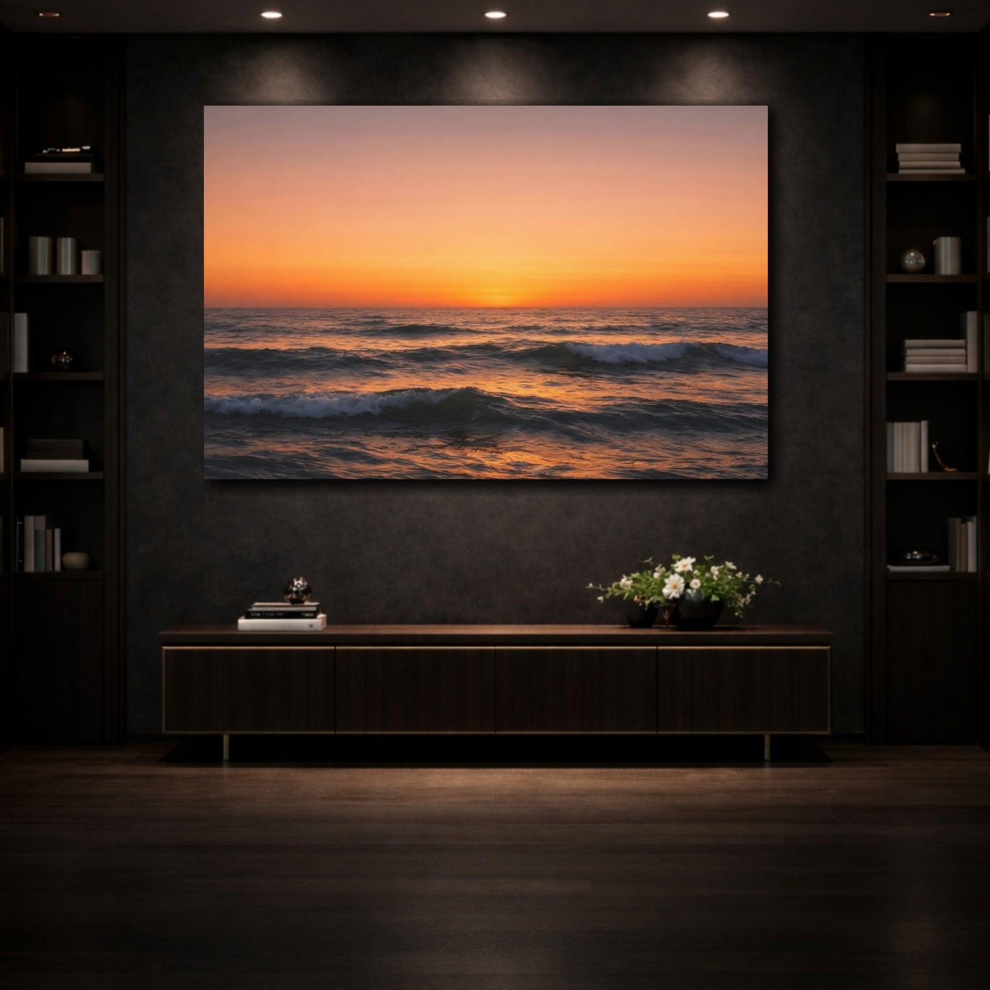 Mockup 4. Nature Ocean Sunset Orange Sunset shown as stretched canvas wall art