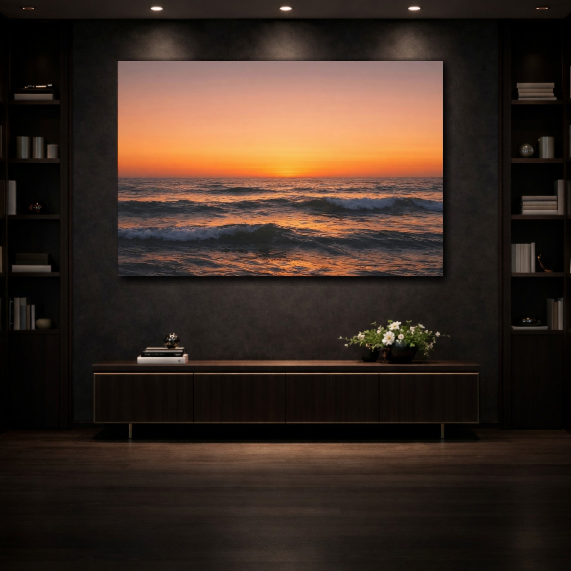 Mockup 4. Nature Ocean Sunset Orange Sunset shown as stretched canvas wall art