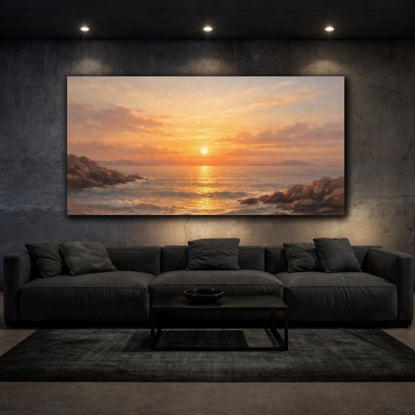 Mockup 2. Nature Ocean Sunset Orange Sunset Seascape shown as stretched canvas wall art