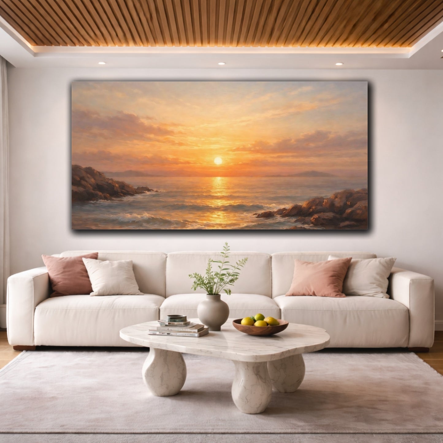 Mockup 3. Nature Ocean Sunset Orange Sunset Seascape shown as stretched canvas wall art