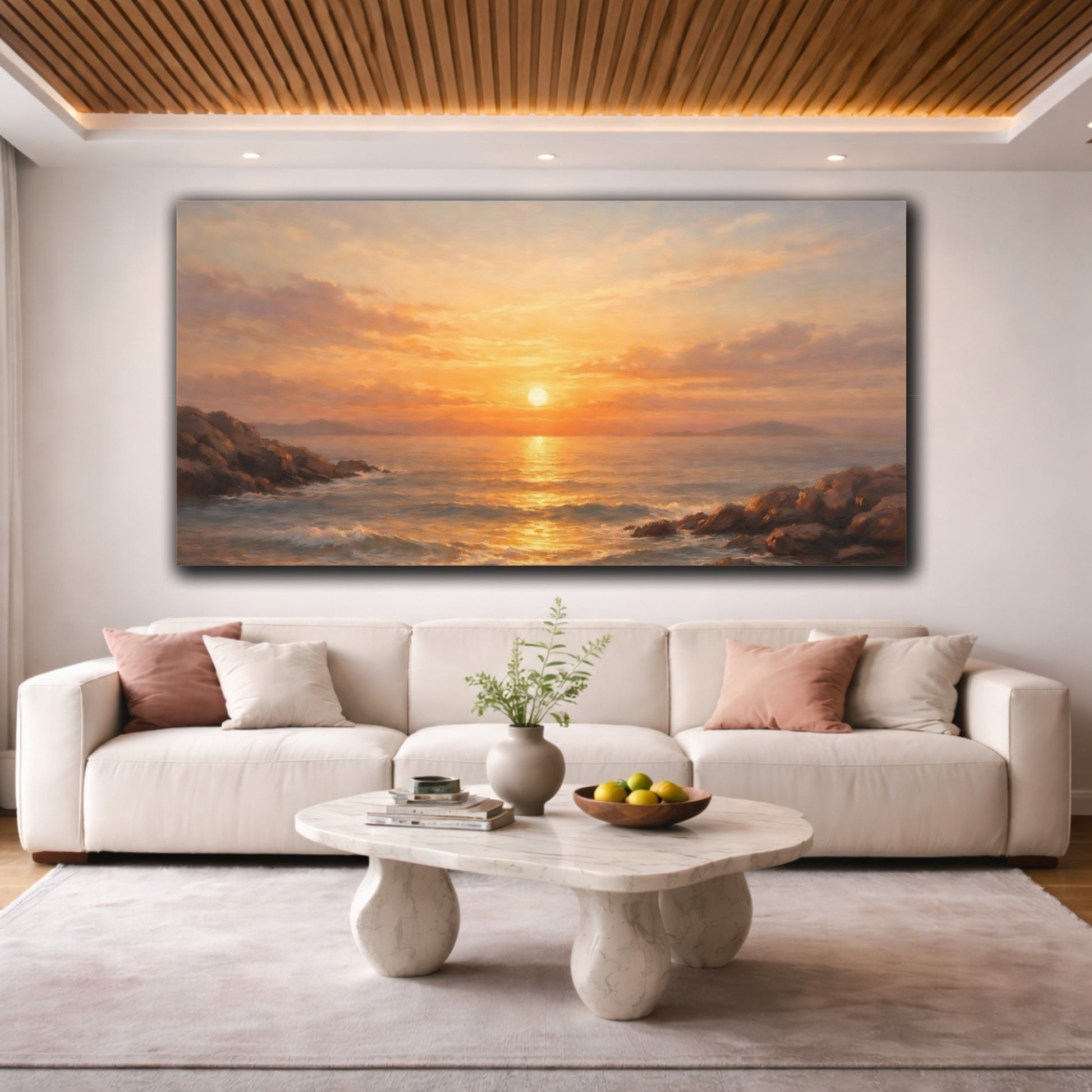 Mockup 3. Nature Ocean Sunset Orange Sunset Seascape shown as stretched canvas wall art