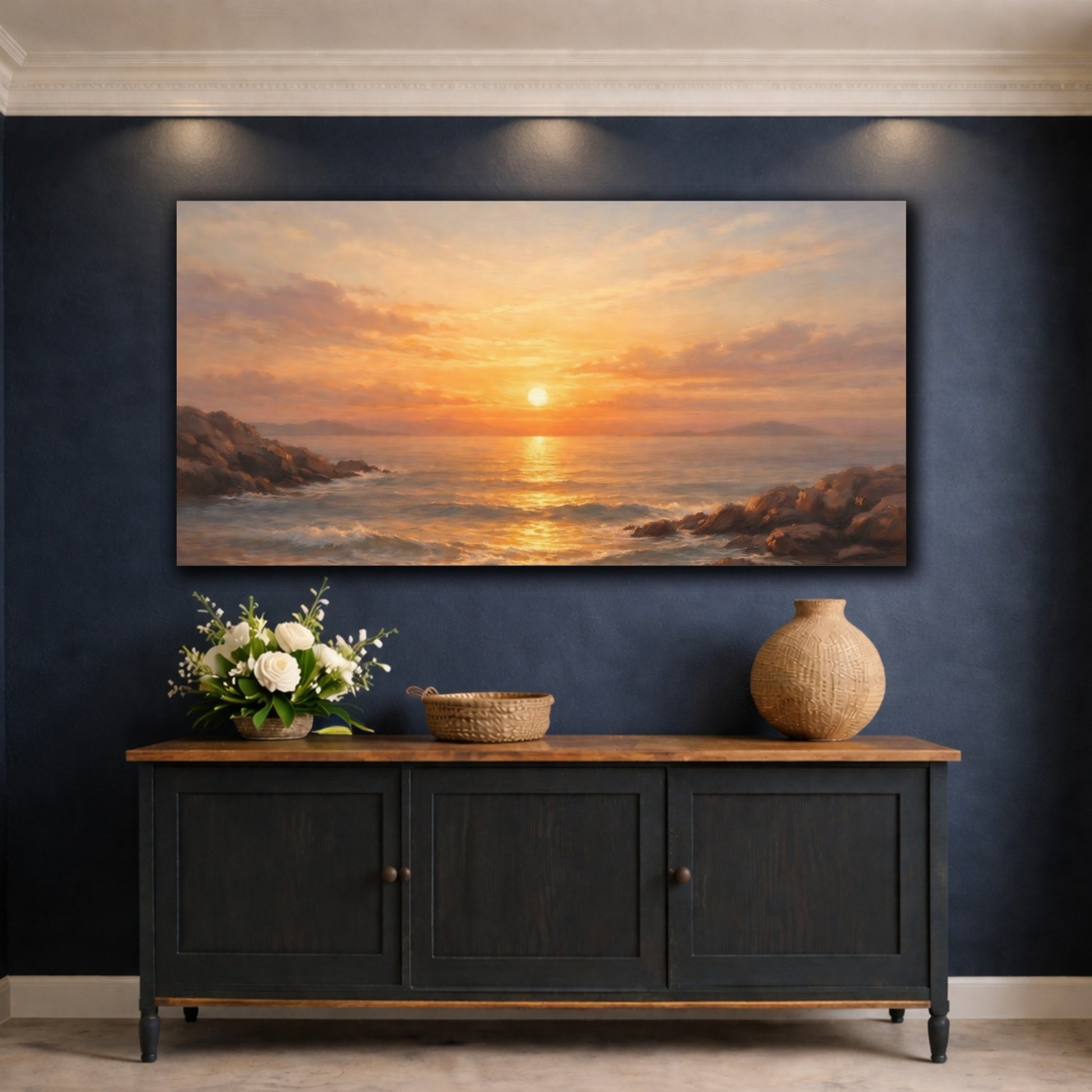 Mockup 4. Nature Ocean Sunset Orange Sunset Seascape shown as stretched canvas wall art