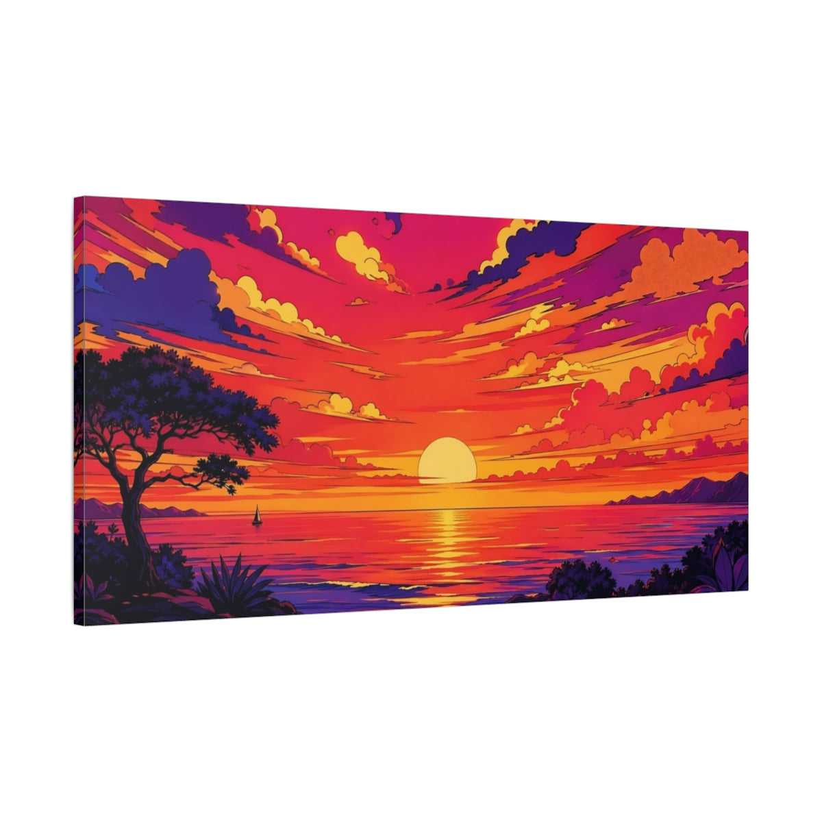 Main Mockup. Nature Ocean Sunset Pink Orange Purple shown as stretched canvas wall art