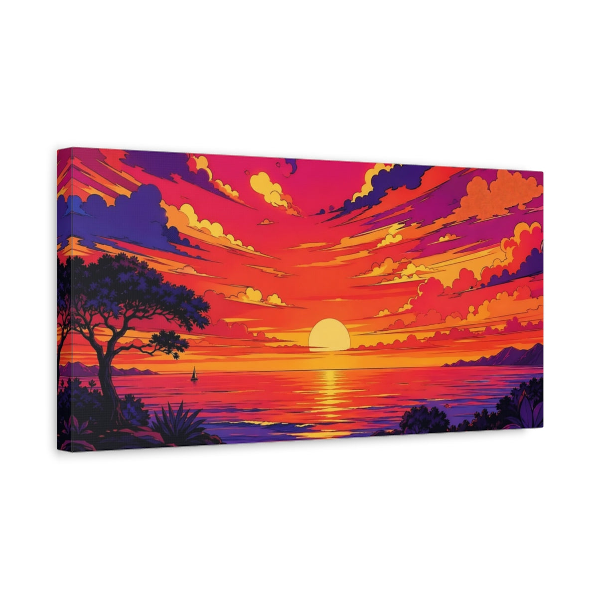 Side Mockup 3. Nature Ocean Sunset Pink Orange Purple shown as stretched canvas wall art