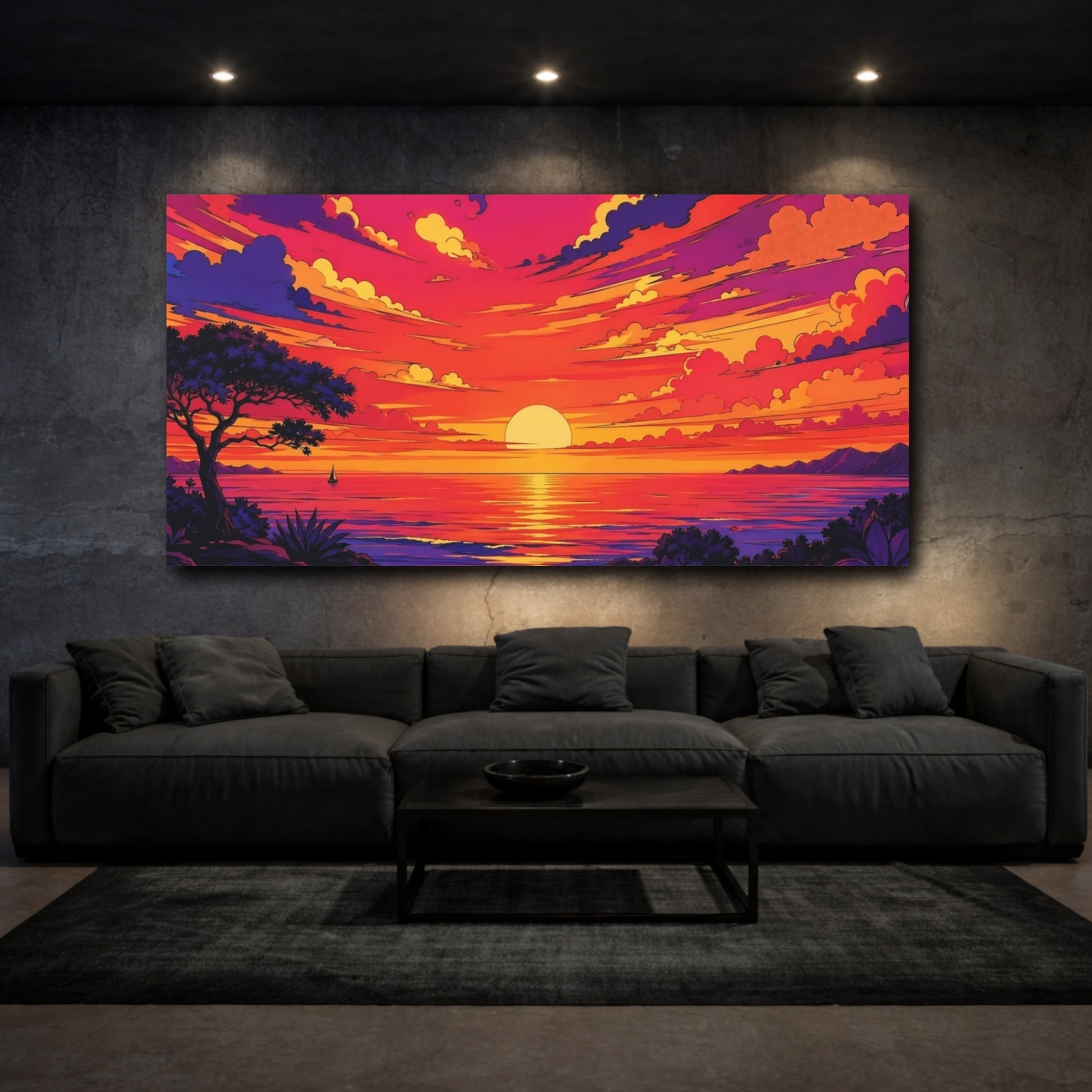 Mockup 2. Nature Ocean Sunset Pink Orange Purple shown as stretched canvas wall art