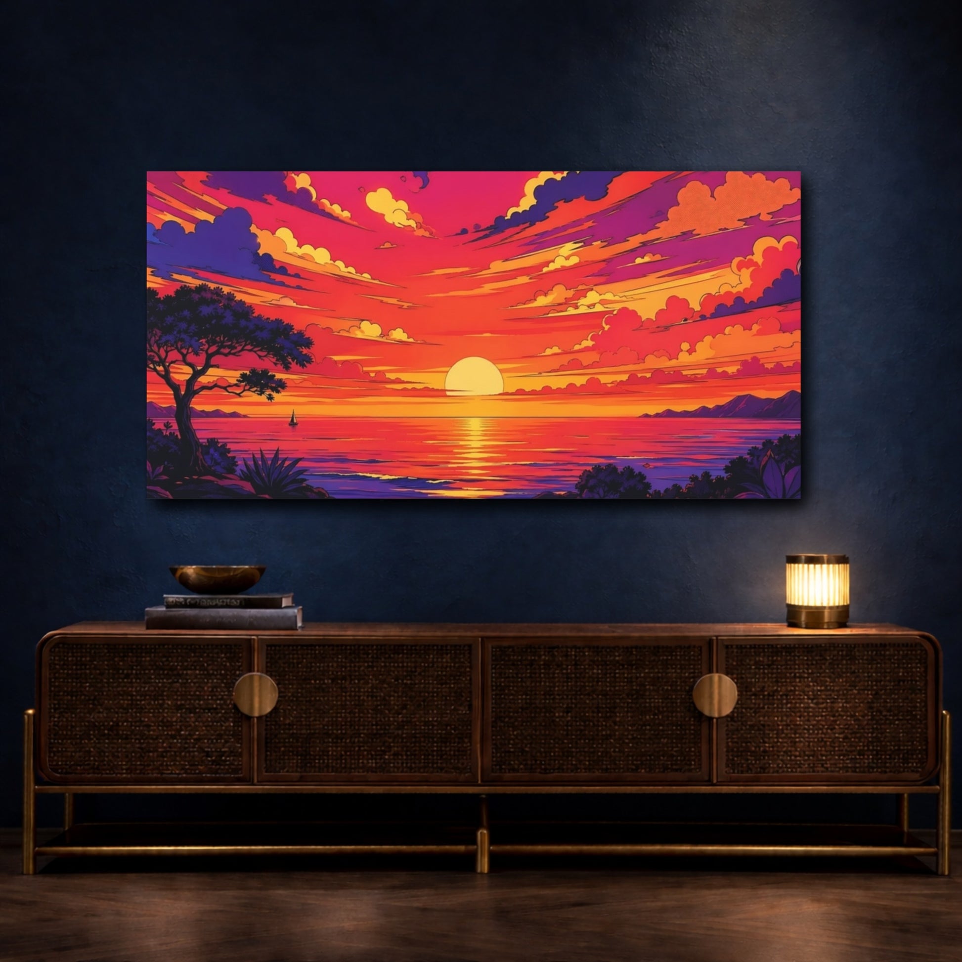 Mockup 4. Nature Ocean Sunset Pink Orange Purple shown as stretched canvas wall art