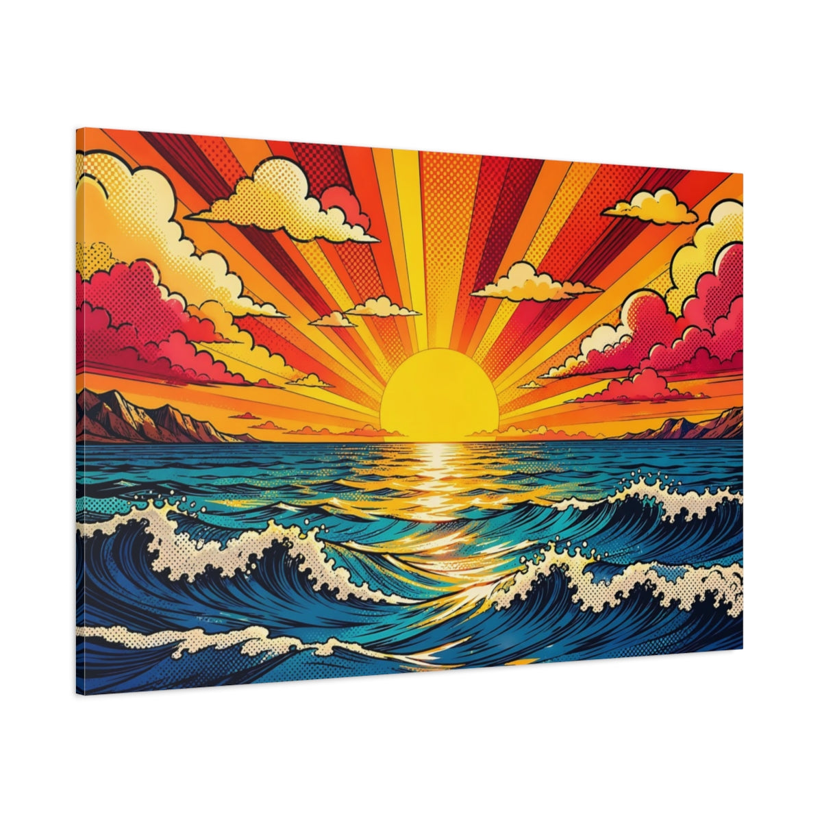 Side Mockup 1. Nature Ocean Sunset Pop Art Ocean Sunset shown as stretched canvas wall art