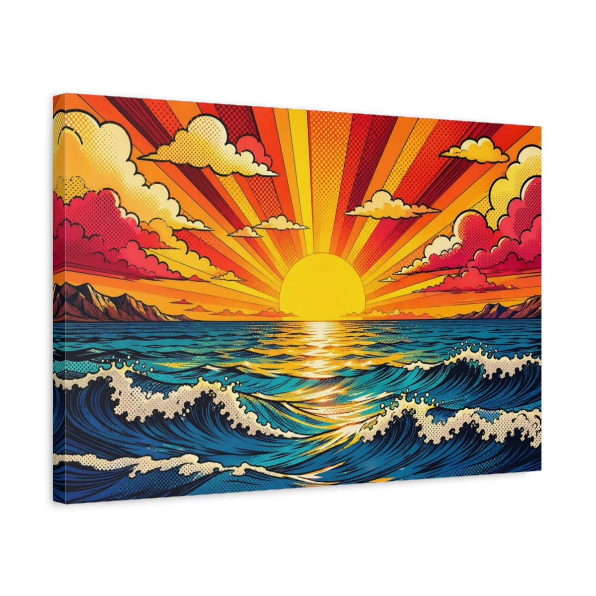 Side Mockup 3. Nature Ocean Sunset Pop Art Ocean Sunset shown as stretched canvas wall art
